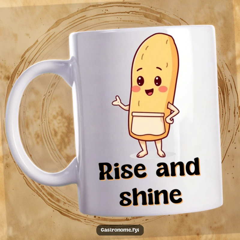 Funny mug featuring a proud baguette character wearing a tiny apron, looking ready to bake up some delicious laughs.
