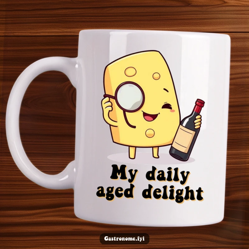 Funny mug with a smiling cheese wedge wearing a monocle, inspecting a tiny wine bottle, exuding sophistication and humor.