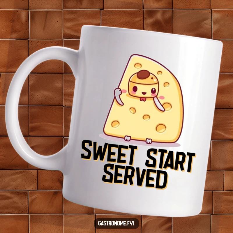 Funny mug featuring a proud cheese wedge character proudly displaying a miniature, detailed pastry, celebrating culinary artistry.