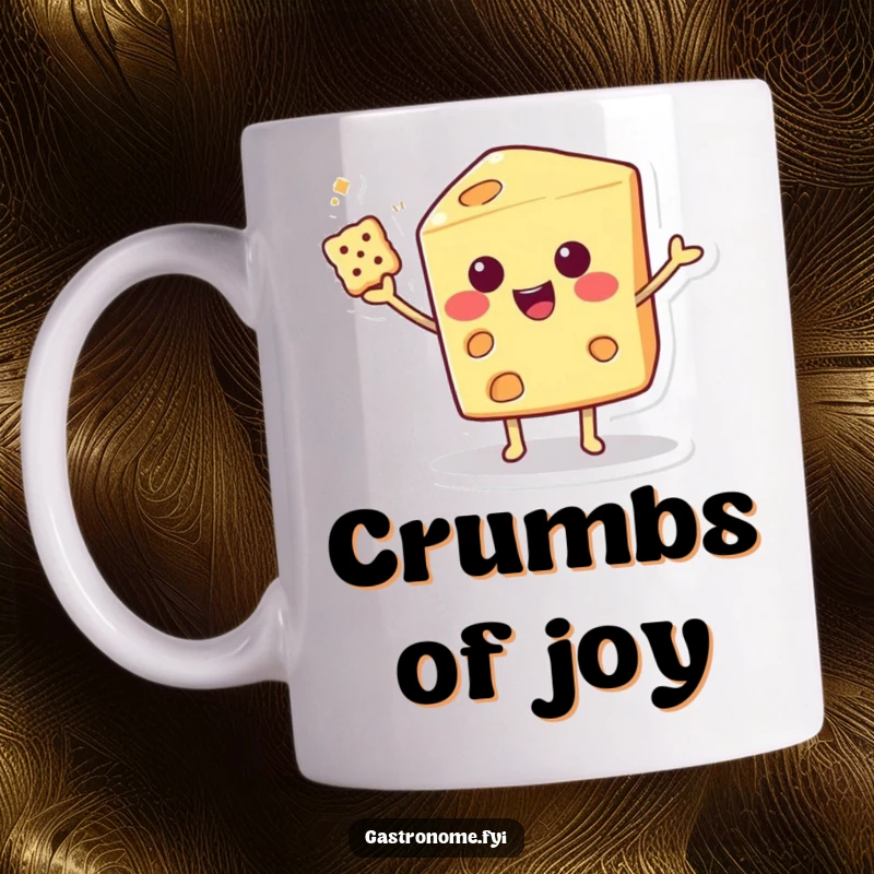 Funny Ceramic Mug featuring a smiling cheese wedge character expertly balancing a tiny cracker, a humorous gift idea.