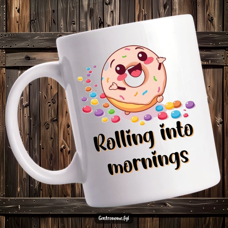 Funny mug depicting a joyful donut character rolling downhill, leaving a trail of colorful candies, symbolizing sweet indulgence and fun.