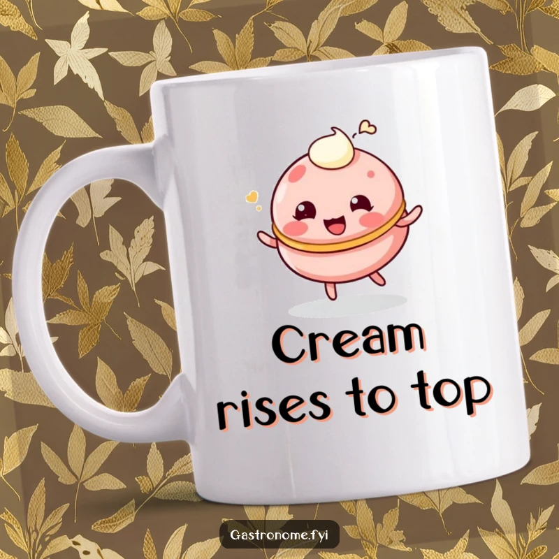 Funny mug with a giggling, bouncing macaroon character holding a small cream dollop, perfect for sweet humor.