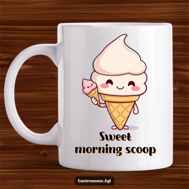 Funny mug featuring a smiling ice cream cone character happily offering another cone, radiating sweetness and good cheer.