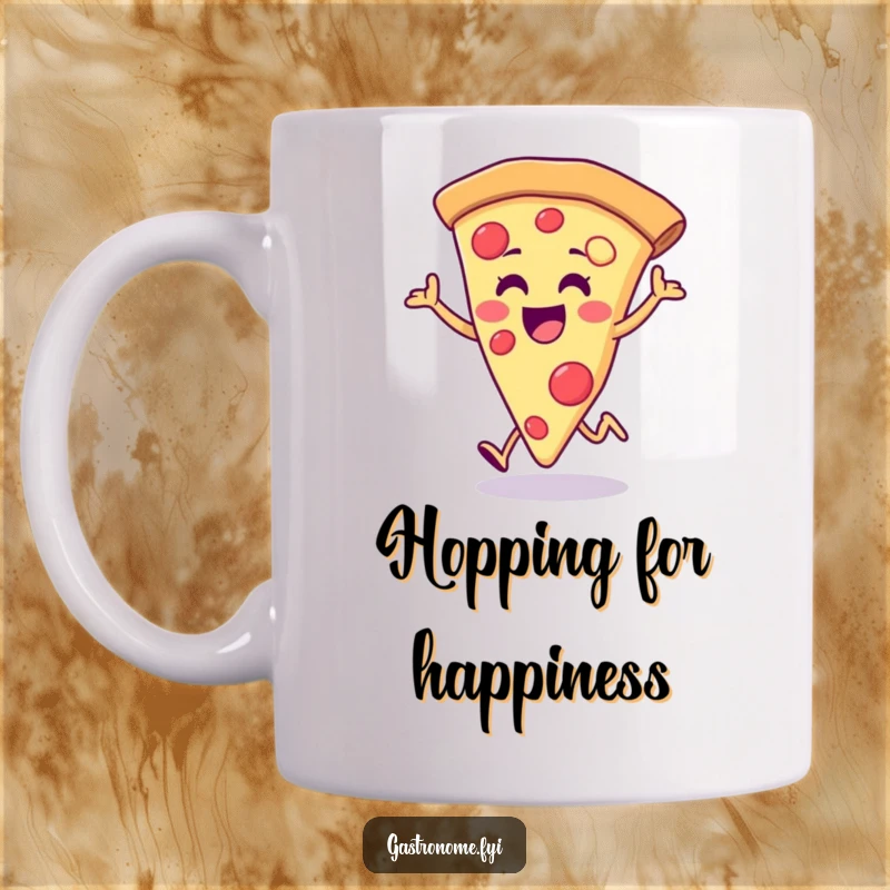 Funny pizza slice mug, beaming with happiness, doing a joyful little hop, bringing cheesy fun and humor to your kitchen.