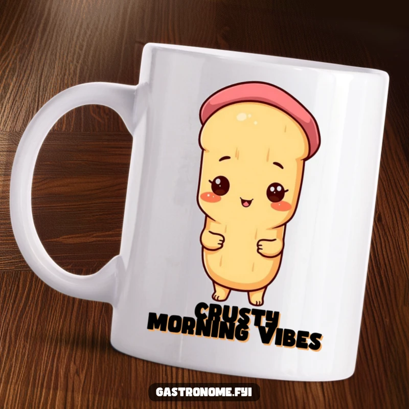 Funny mug featuring a proud baguette character sporting a tiny beret, exuding French chic and a humorous, cheerful personality.