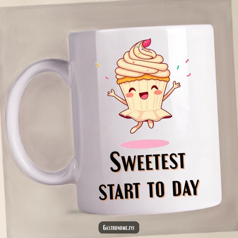 Funny mug featuring a delighted cupcake character doing a pirouette as sprinkles rain down, embodying pure sweet joy.