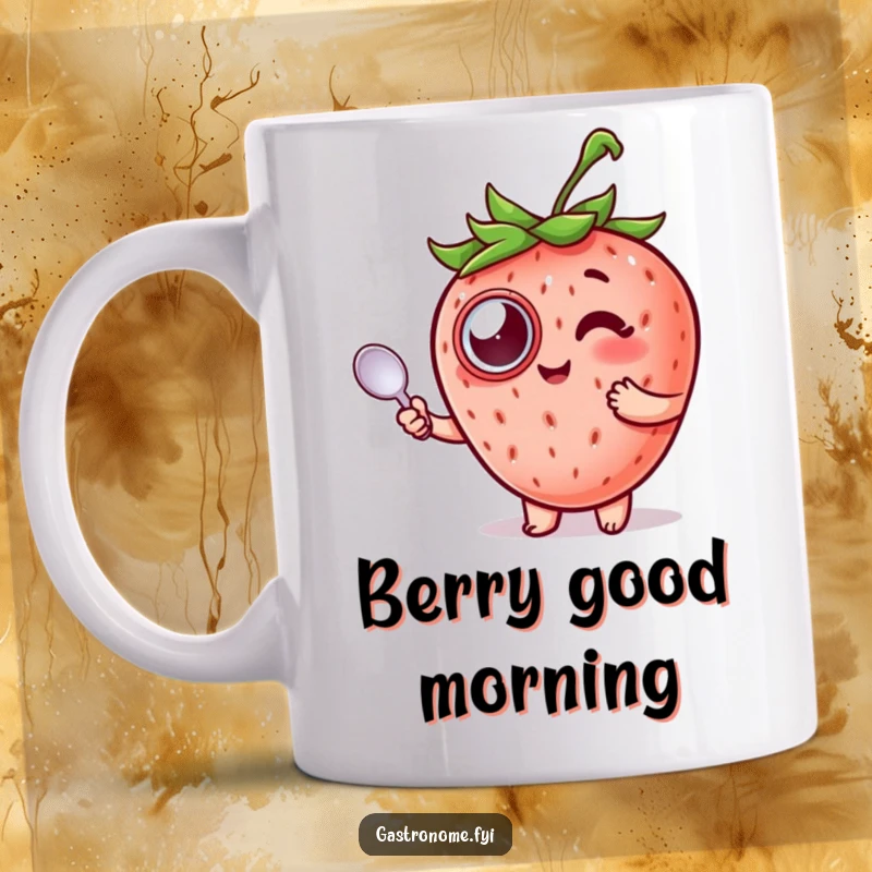 Funny Strawberry Mug featuring a delighted strawberry in a monocle holding a spoon, adding charm.