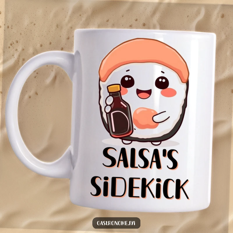 Funny mug showcasing a happy sushi character beaming with delight while holding a miniature soy sauce bottle, celebrating Japanese cuisine.