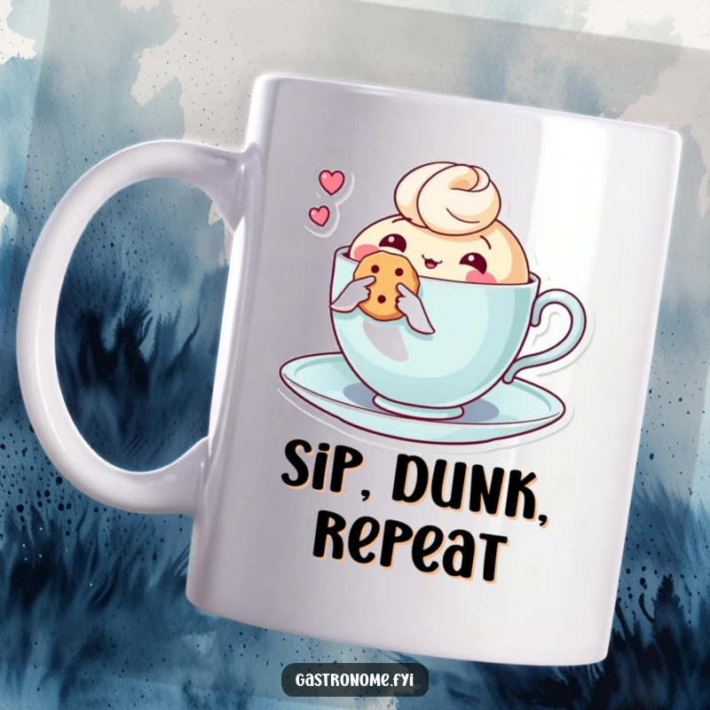 Funny mug featuring a thoughtful teacup character gently holding a tiny biscuit, exuding warmth, coziness, and a hint of whimsy.