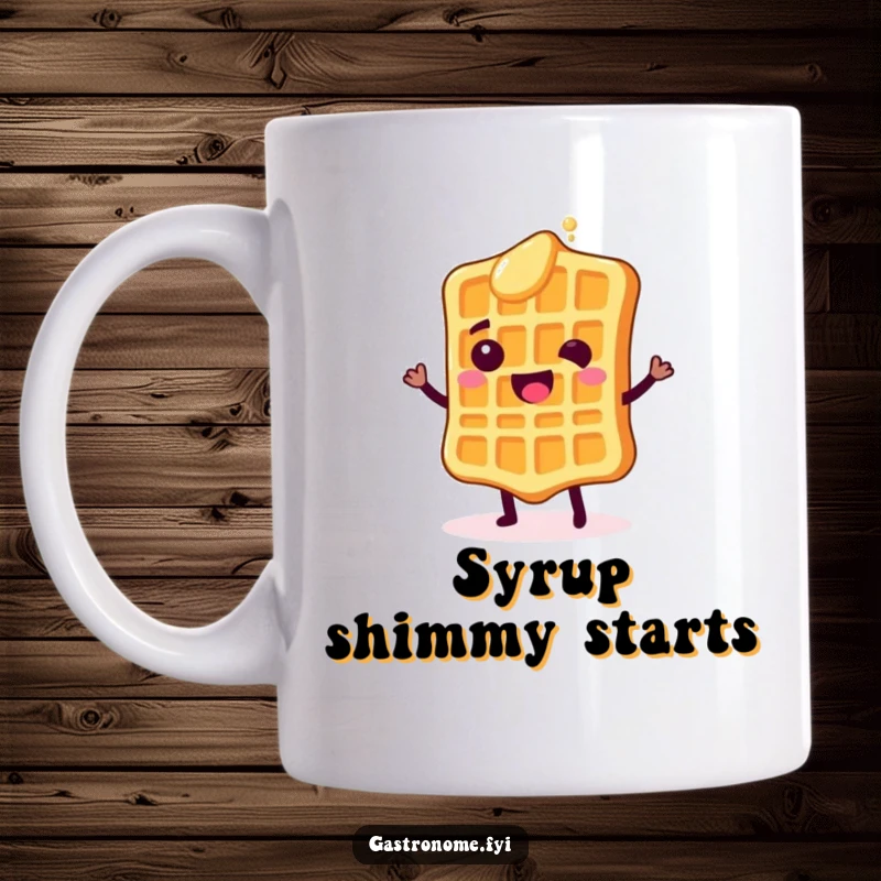Funny mug showing a happy waffle character doing a little shimmy dance with tiny syrup drops falling around it, full of breakfast joy.
