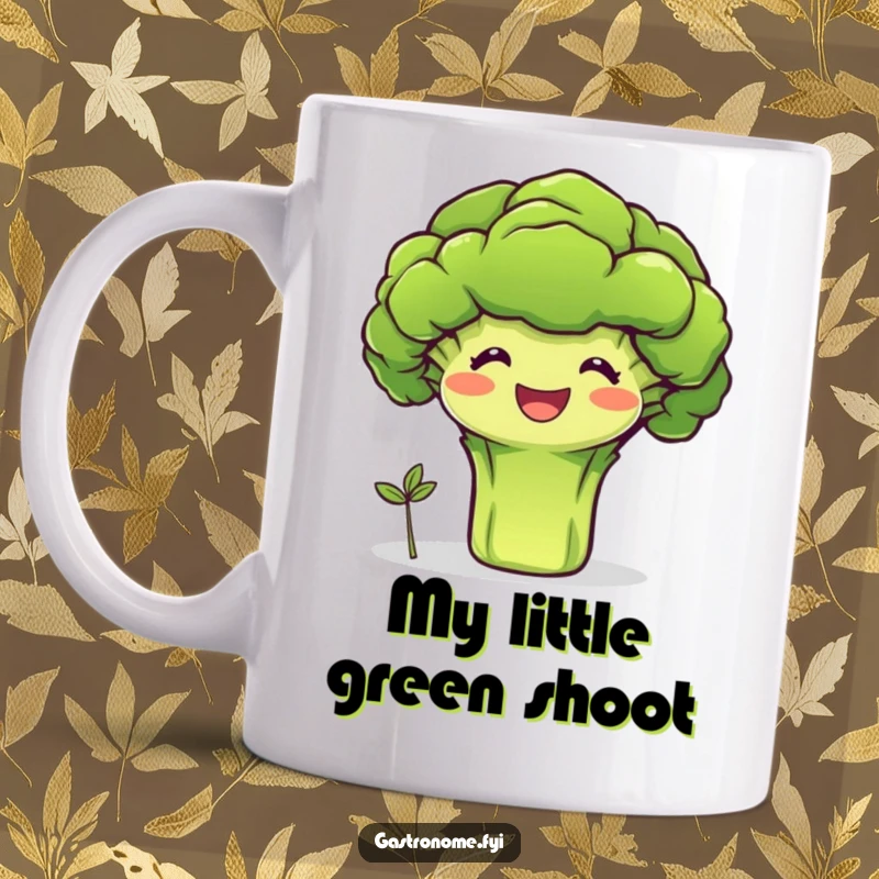 Funny mug featuring a beaming broccoli character proudly presenting a tiny sprout, symbolizing healthy growth and humor.