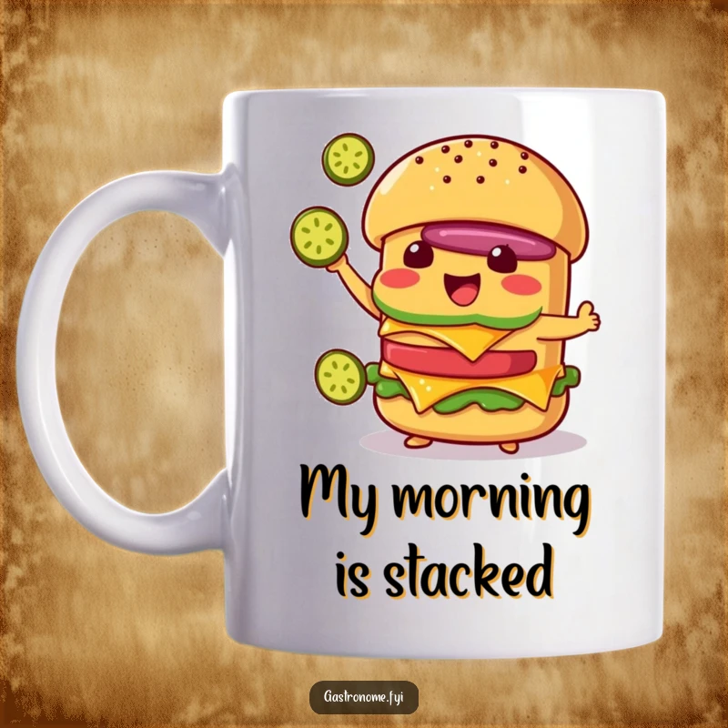 Funny Cheeseburger Juggling Mug: Delighted Character Juggling Pickle Slices, Foodie Humor Perfect Gift