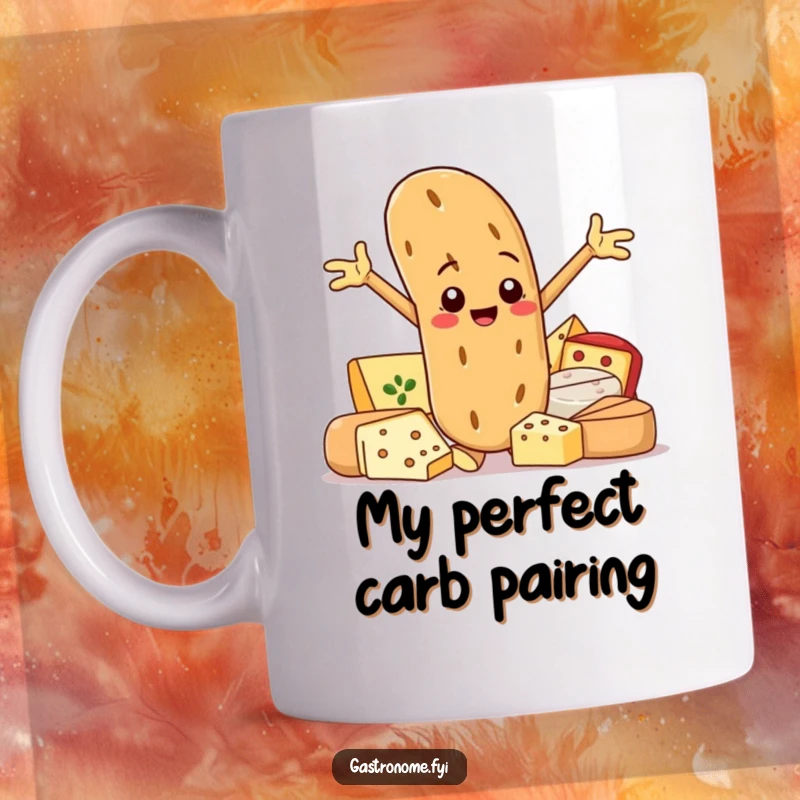 Funny mug featuring a smiling baguette character with arms spread wide, posing proudly next to gourmet cheeses, celebrating food love.