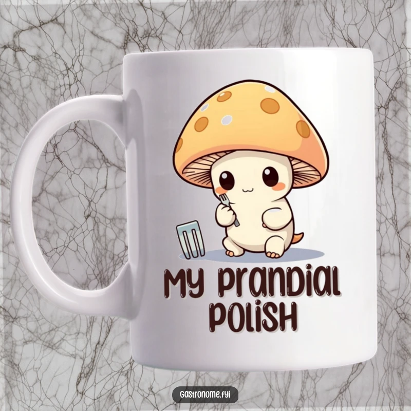 Funny mug featuring a whimsical mushroom character meticulously polishing a tiny silver fork, looking very proud and refined.