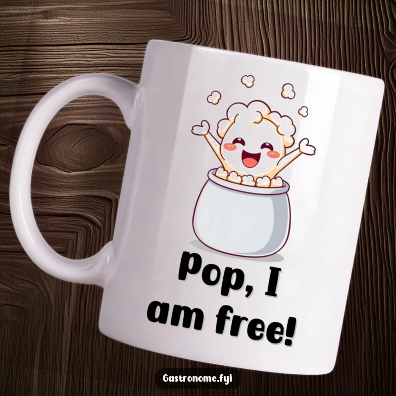 Funny popcorn kernel mug, gleefully leaping from a kettle, expressing pure, unadulterated snack-time joy and explosive humor.