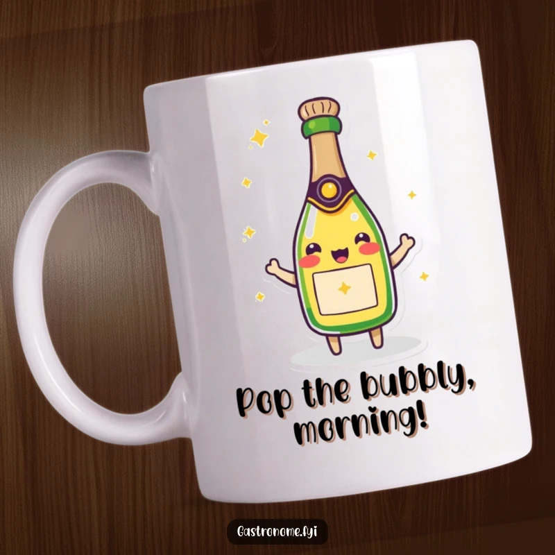 Funny mug featuring a beaming champagne bottle character, radiating happiness and sparkling with effervescent, celebratory joy.
