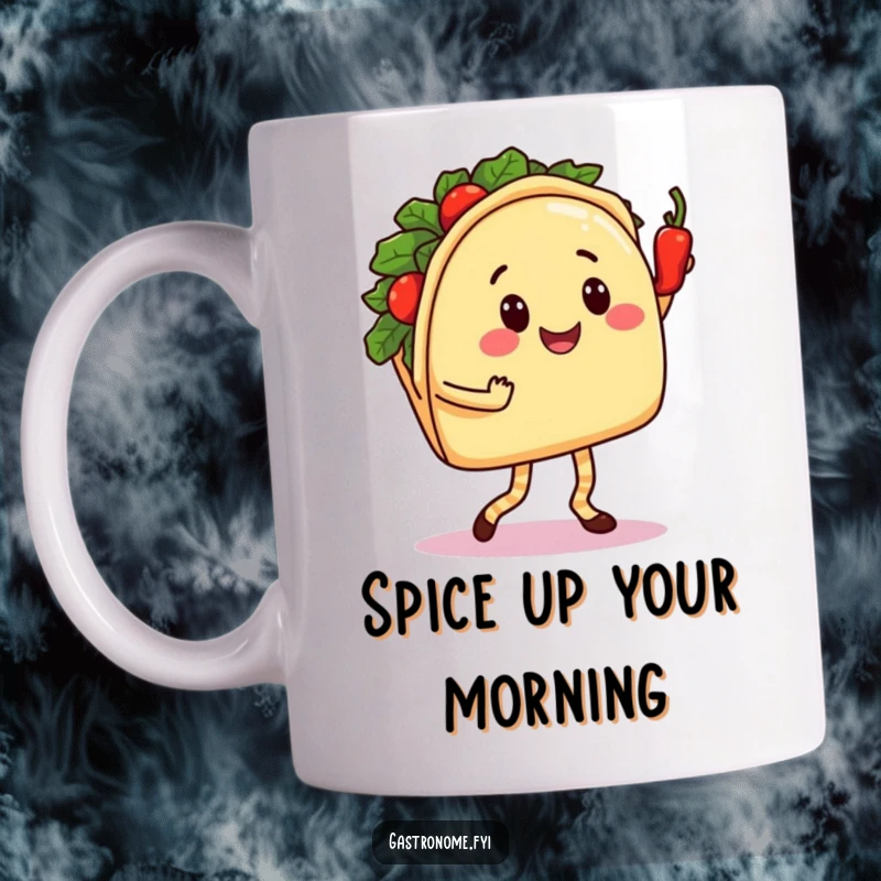 Funny Taco Dance Mug: Smiling Taco Character Salsa Dancing with a Spicy Pepper, Festive Fiesta Humorous Gift
