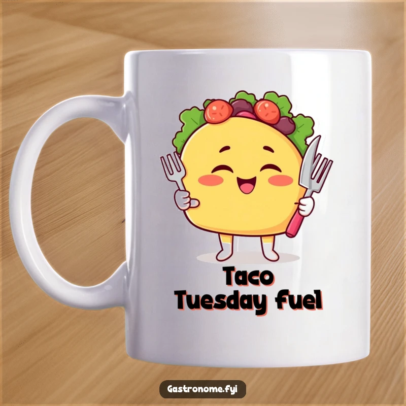 Funny Taco Mug featuring a winking taco character holding a fork and knife, ready for a meal.