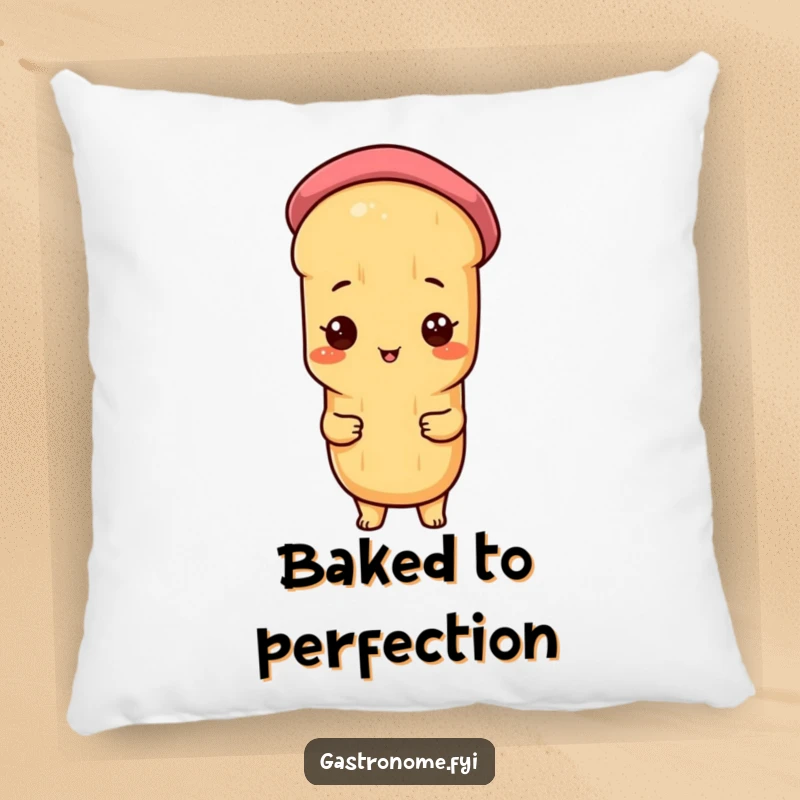 Funny pillow featuring a proud baguette character wearing a beret, offering comfort and a delightful, humorous French flair.