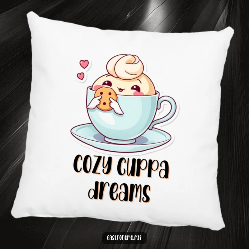 Funny pillow featuring a thoughtful teacup character holding a tiny biscuit, offering comfort and a dose of gentle, heartwarming humor.