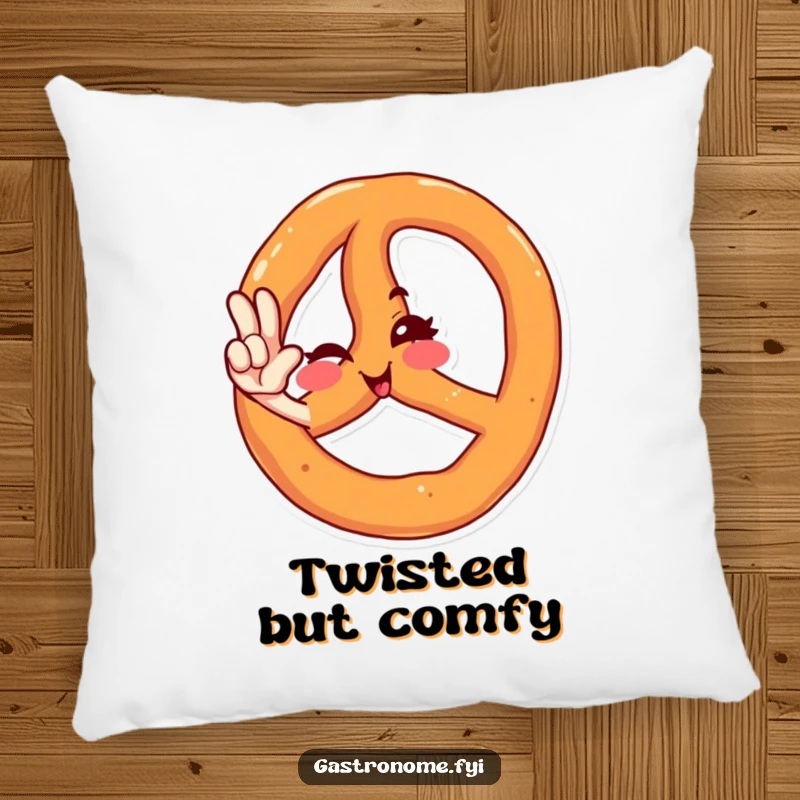 Funny pillow featuring a charming winking pretzel character in a jaunty salute, offering comfort and a dose of lighthearted humor.
