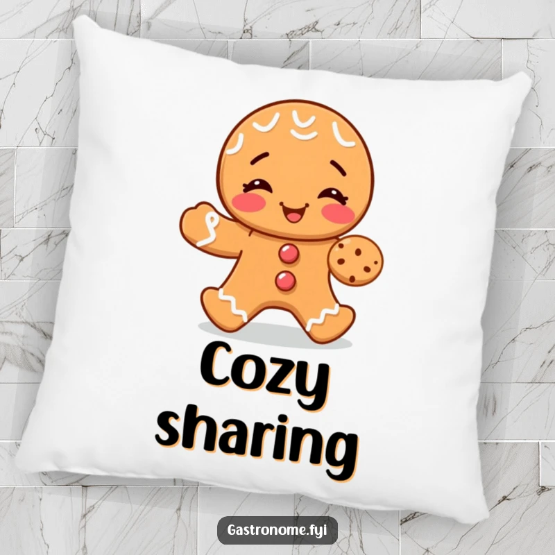 Funny pillow featuring a giggling gingerbread man happily sharing a tiny cookie, adding a warm and humorous touch.