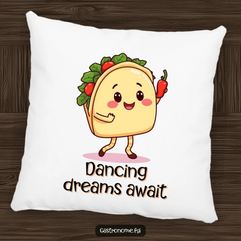Funny Taco Dance Pillow: Smiling Taco Character Salsa Dancing with a Spicy Pepper, Humorous and Cozy Fiesta Decor