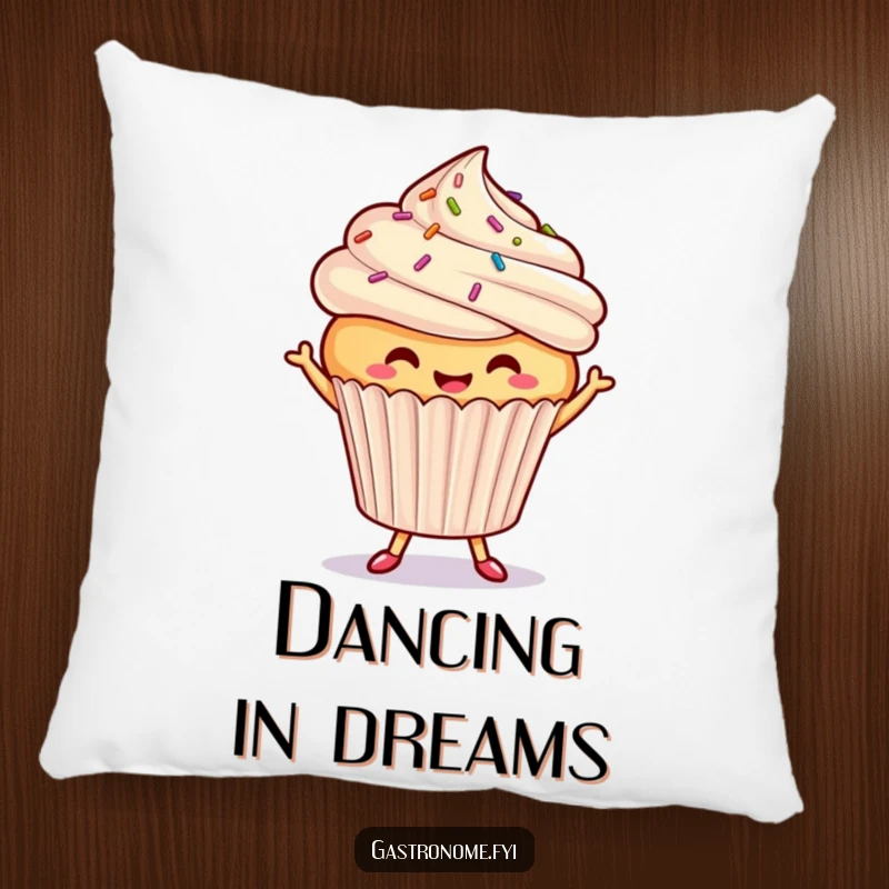 Funny dancing cupcake pillow, a smiling cupcake with sprinkles performing a joyous dance, offering sweet comfort and lighthearted humor.