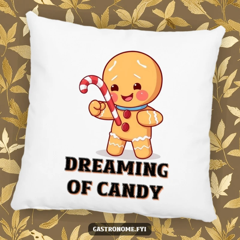 Funny pillow featuring a mischievous gingerbread man character stealing a candy cane, offering cozy comfort with a touch of holiday fun.