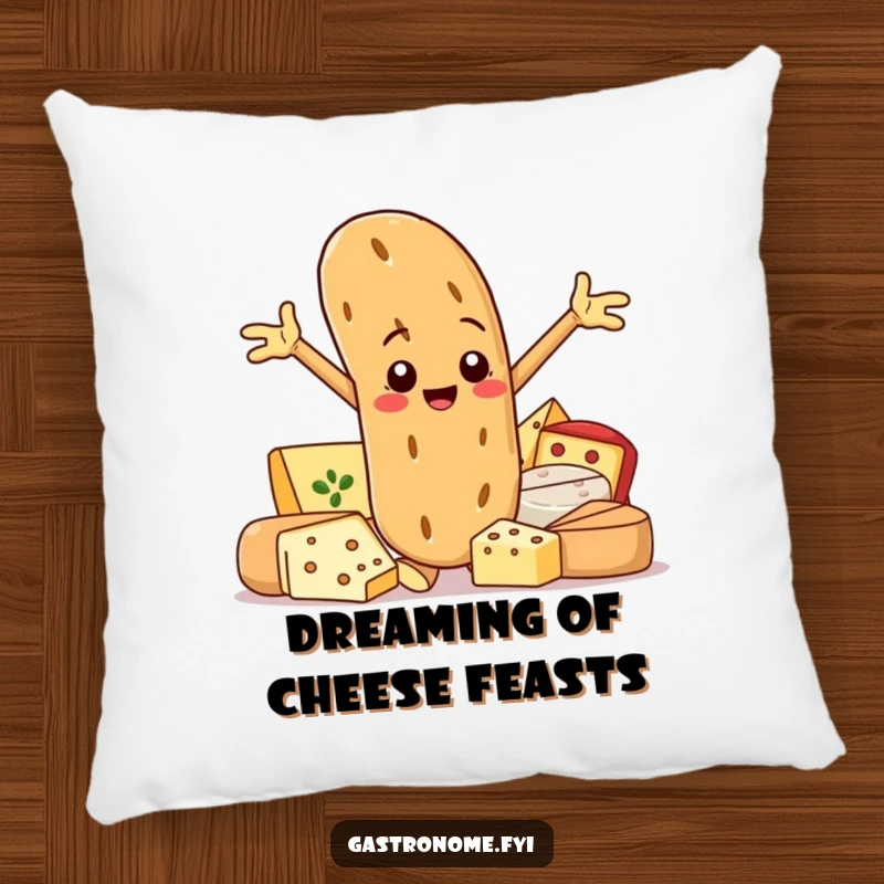 Funny throw pillow with a smiling baguette character posing proudly next to gourmet cheeses, for cozy comfort and foodie humor.