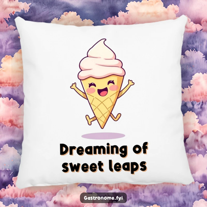 Funny ice cream cone character in a playful leap, creating a soft and humorous accent pillow for comfort.