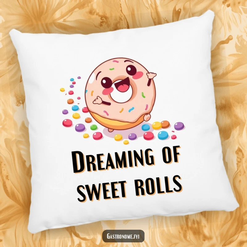 Funny pillow with a joyful donut character rolling downhill, leaving a trail of colorful candies, for sweet comfort and humor.
