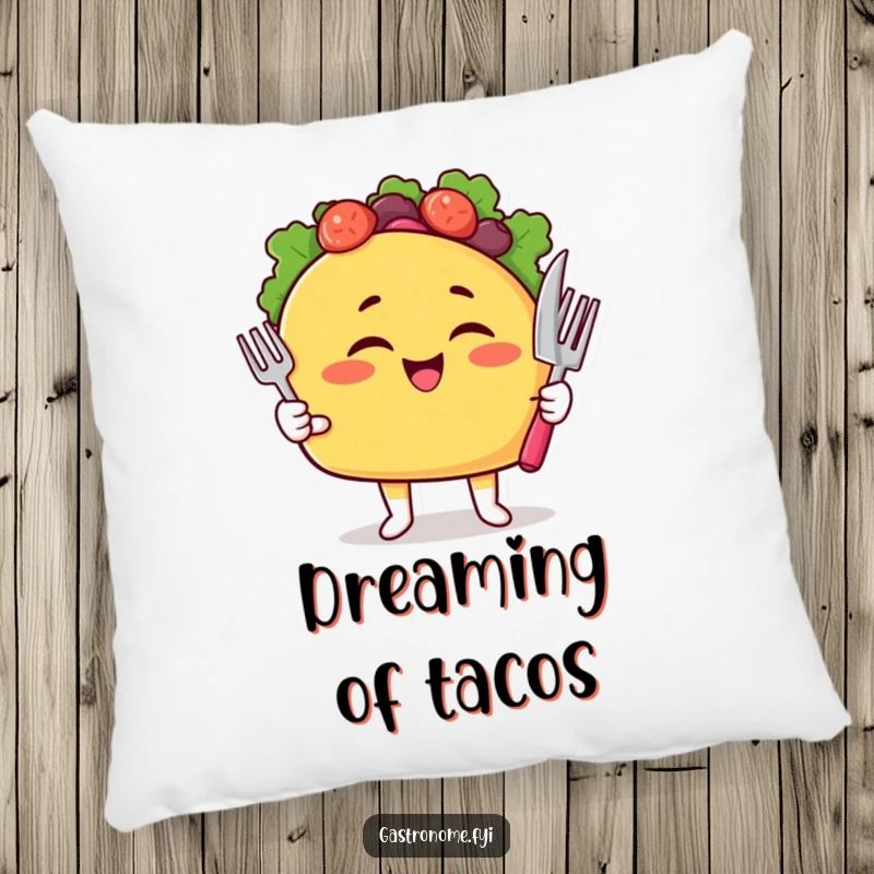 Funny Taco Pillow featuring a winking taco character with cutlery, perfect for a cozy accent.