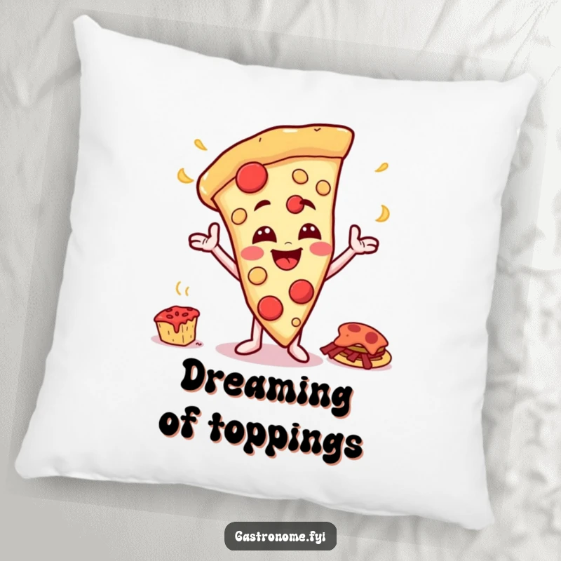 Funny pillow with a happy pizza slice character with a cheesy grin gesturing towards a giant feast, perfect for comfort and humor.