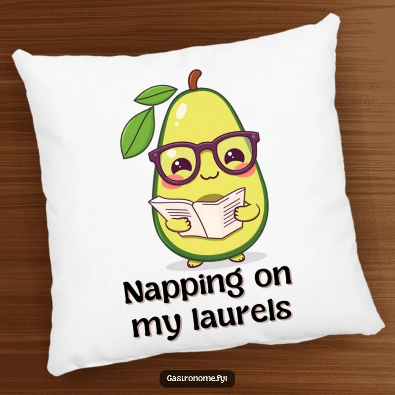 Funny pillow featuring a pleased avocado wearing reading glasses, holding a recipe, perfect for cozy, humorous decor.