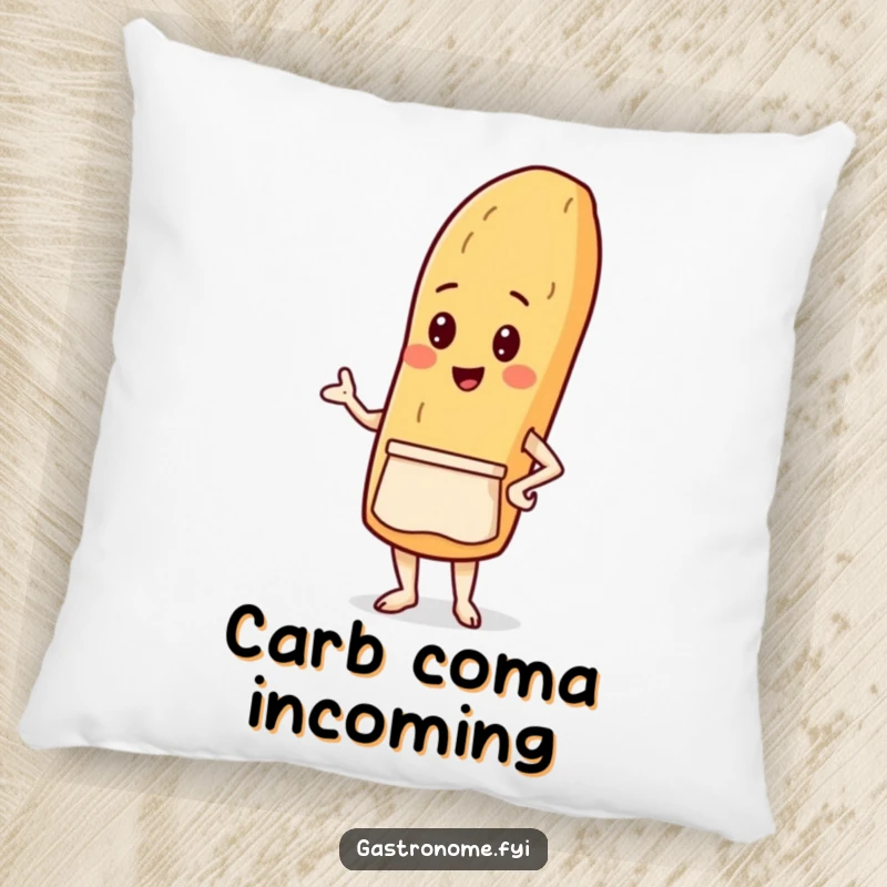 Funny pillow featuring a proud baguette character in a tiny apron, offering a soft and humorous decorative accent for bakers.
