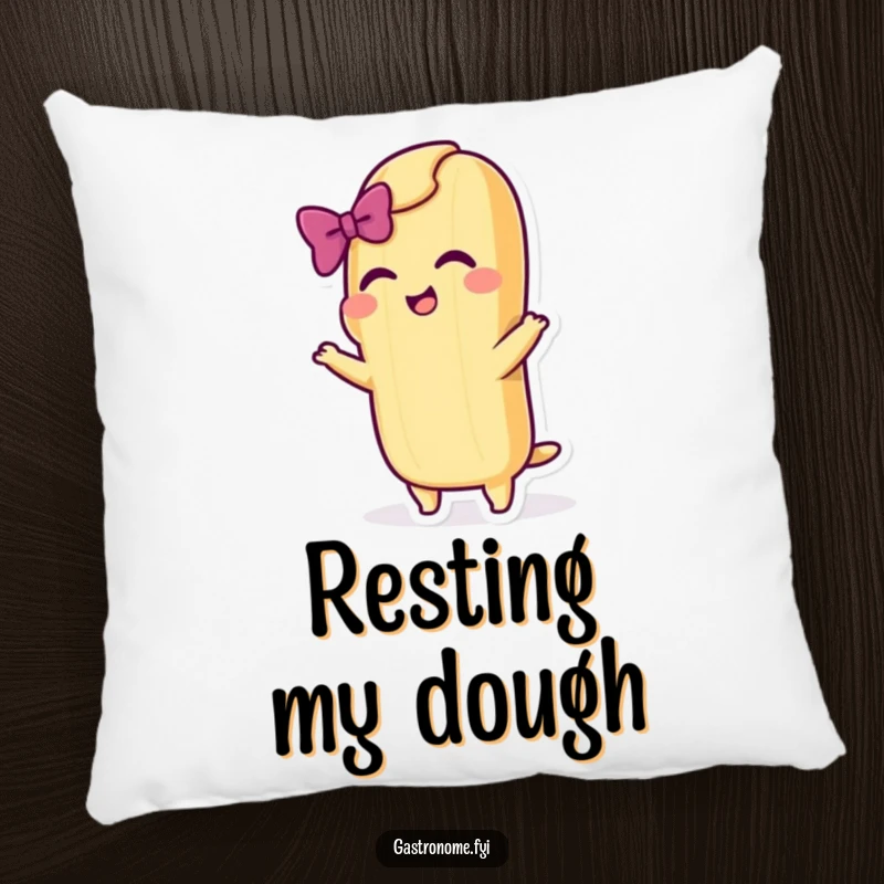 Funny throw pillow with a cheerful baguette character taking a dramatic bow with a flourish, bringing cozy theatrical charm.