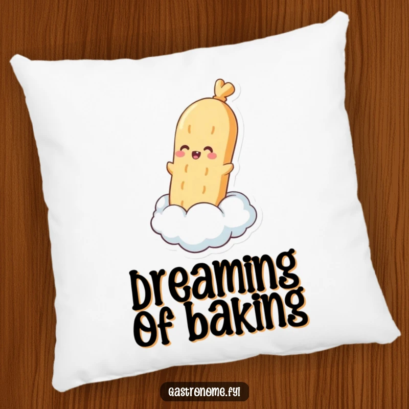 Funny pillow featuring a pleased baguette character floating on a steam cloud, offering plush comfort and a whimsical bread theme.