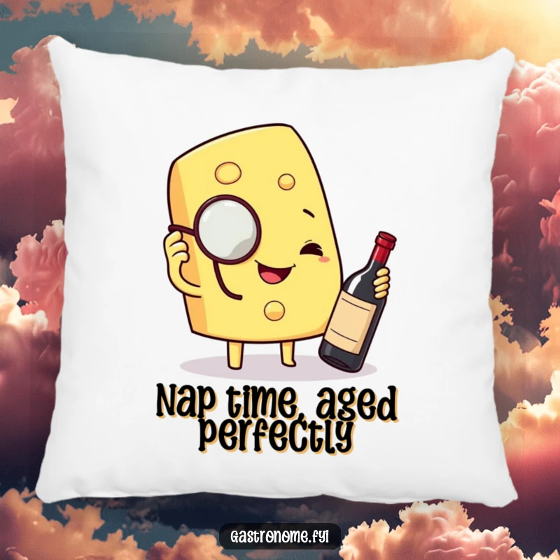 Funny accent pillow with a smiling cheese wedge character in a monocle, gleefully inspecting a miniature bottle of wine, adding humor to decor.