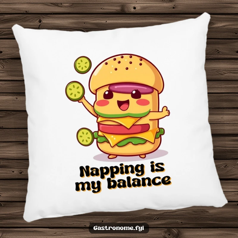 Funny Cheeseburger Pillow: Delighted Character Juggling Pickle Slices, Humorous and Cozy Foodie Decor