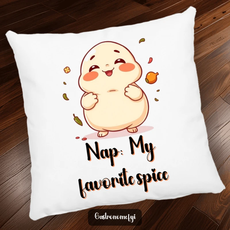 Funny Dumpling Pillow featuring a giggling dumpling character juggling spices, perfect for cozying up.