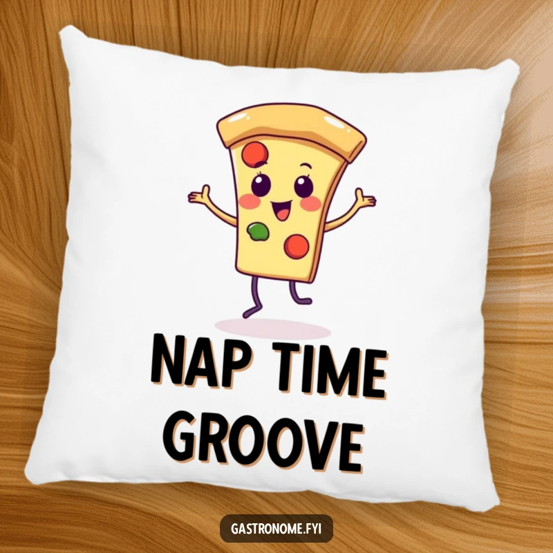 Funny pillow featuring a cheerful pizza slice character captured mid-dance, adding a playful and humorous accent to any space.