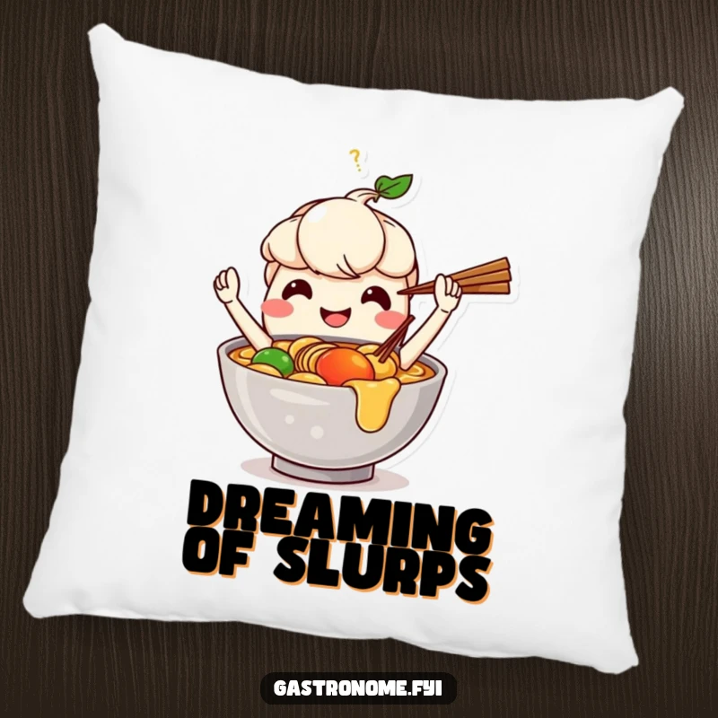 Funny pillow with a happy ramen bowl character juggling chopsticks, offering comfort and a touch of edible art.