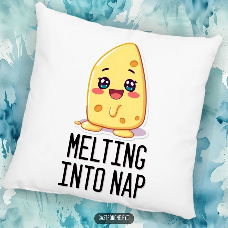 Funny pillow with a happy cheese character melting with glee, offering comfort and a delightful, cheesy touch.