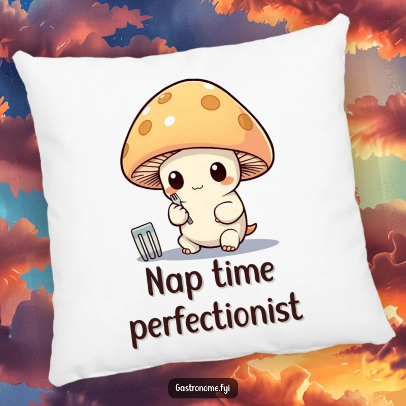 Funny pillow featuring a whimsical mushroom character diligently polishing a tiny silver fork, bringing a touch of sophisticated silliness to home decor.