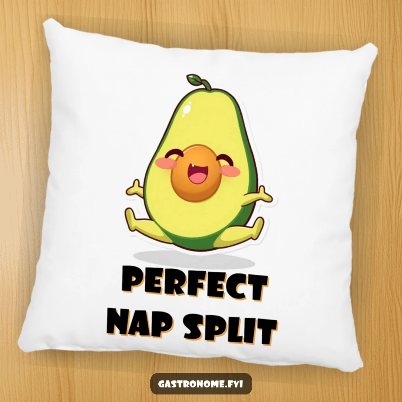 Funny pillow featuring a happy avocado character doing a split, perfect for cozy comfort and healthy-themed decor.