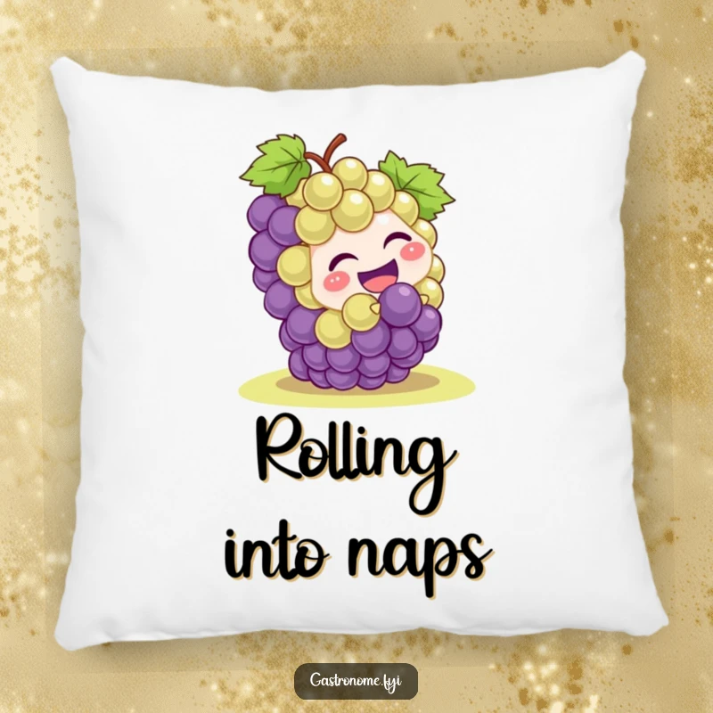 Funny grape cluster character comically rolling down a hill, featured on a soft, plush pillow, offering comfort and a humorous decorative accent.