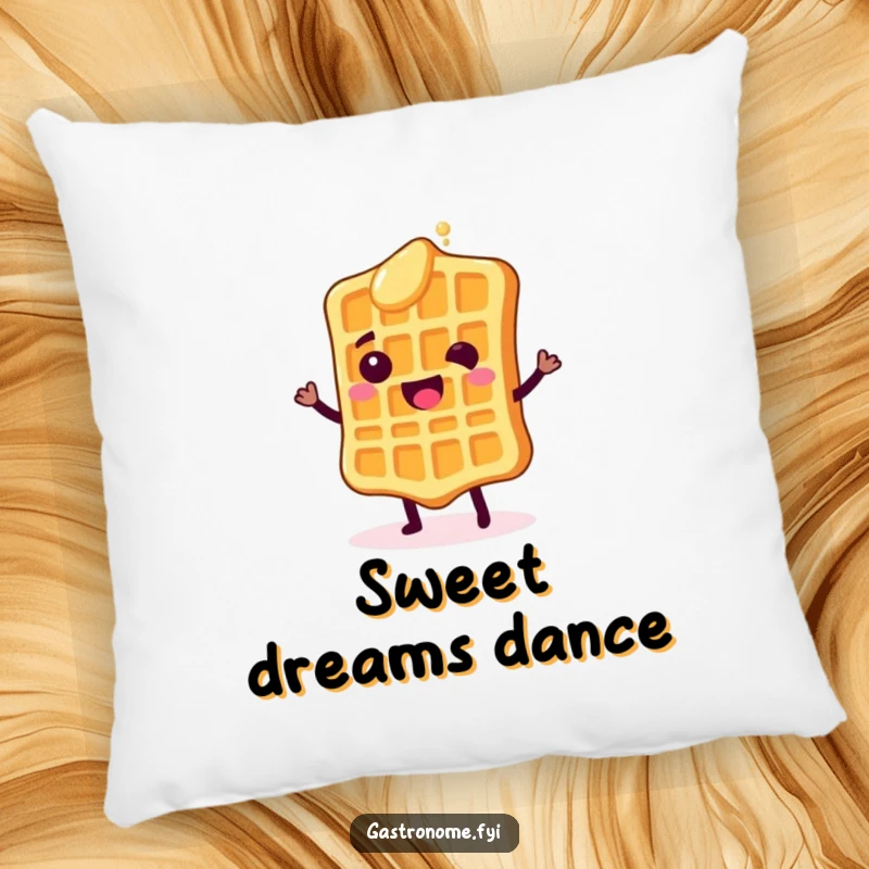 Funny pillow featuring a happy waffle character doing a shimmy with syrup drops, offering plush comfort and a delightful breakfast theme.