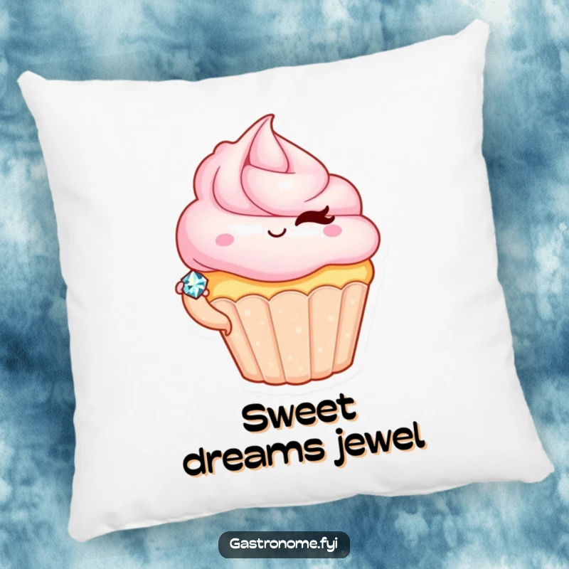 Funny pillow featuring a charming cupcake character winking playfully while presenting a tiny, sparkling jewel, adding whimsy.
