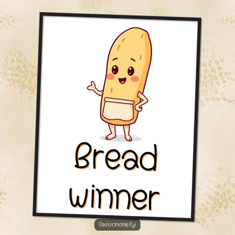 Funny digital art print of a proud baguette character wearing a tiny apron, exuding warmth, culinary passion, and playful humor.